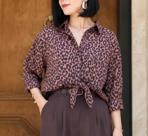 شومیز گره ای پلنگی مجلسی مدل نازلی در رنگبندی ارسال فوری